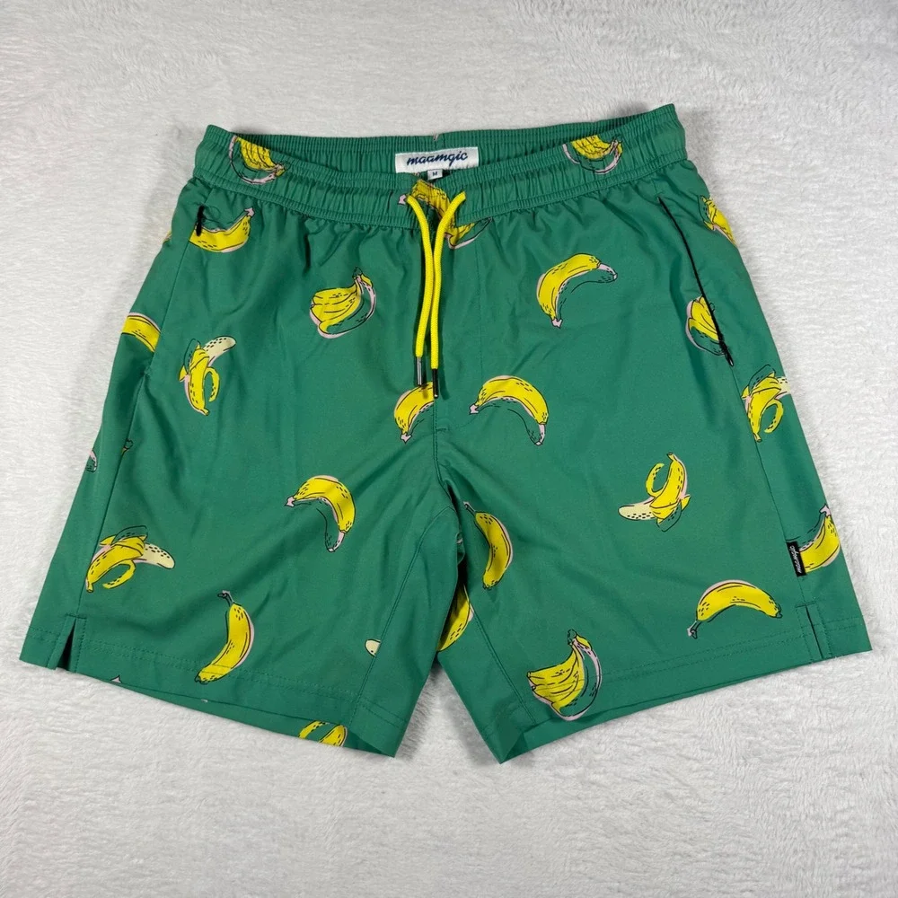 Maamgic‎ Swim Trunks Mens Medium Vibrant Green Banana Print Quick Dry Mesh Liner